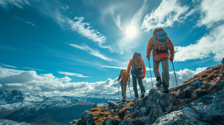 A group of hikers ascends a rocky mountain path under a brilliant blue sky, embodying adventure and teamwork.の素材