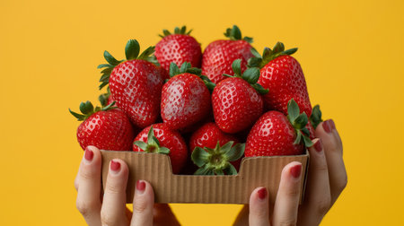 A hand delicately holds a carton full of juicy red strawberries, a fresh bounty against a bright yellow backdrop.の素材