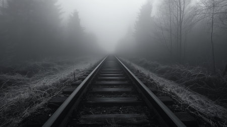 A hauntingly misty railroad vanishes into a foggy forest, evoking mystery and silence.の素材