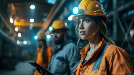 A group of industrial workers with a female leader in focus, displaying teamwork and determination in a complex factory environment.の素材