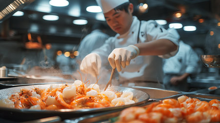 A focused chef masterfully stirs a sizzling pan of seafood in a bustling kitchen.の素材