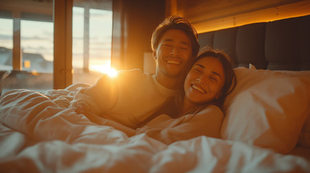 A happy couple shares a cozy moment in bed, laughing together as the sunrise fills the room with light.の素材