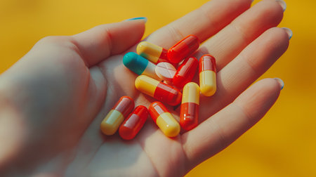 A handful of vibrant pills promises a blend of hope and healing.の素材