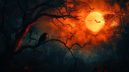 A hauntingly beautiful Halloween scene with a full moon casting an eerie glow over a dark forest populated by ravens and bare trees.の素材