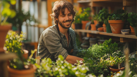 A happy man cares for plants in a sunlit indoor garden, surrounded by lush greenery.の素材