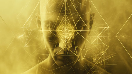 A human face emerges from a golden haze, overlaid with intricate geometric lines that seem to map the contours of thoughts and dreams.の素材