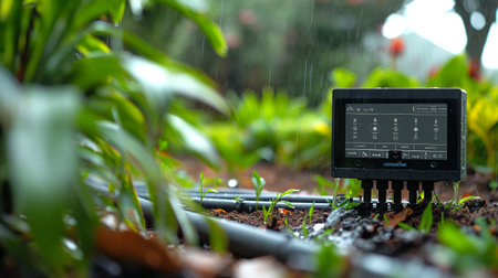 A high-tech irrigation system monitors rainfall in a lush garden, ensuring precise water delivery to the thriving greenery.の素材