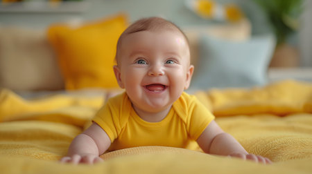 A joyful baby in a bright yellow onesie laughs heartily, embodying the pure bliss of early childhood.の素材