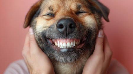 A joyful dog smiles broadly, showcasing its gleaming teeth as it is lovingly cradled by human hands.の素材