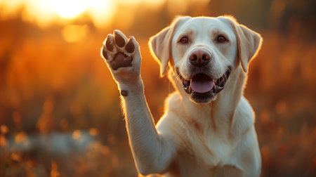 A joyful dog raises its paw for a high five amidst a glowing sunset backdrop.の素材