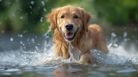 A joyful golden retriever frolics in a river, water splashing around as it joyously captures the essence of summer.の素材