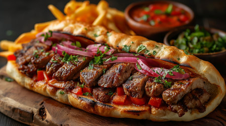 A juicy steak sandwich on artisan bread with caramelized onions and a side of fries serves as a tempting meal.の素材