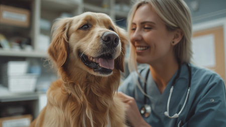 A joyful veterinarian shares a moment of happiness with a golden retriever, showing a bond of care and trust.の素材