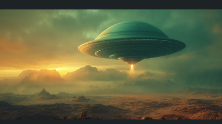 A large, futuristic spaceship casts a glowing beam over a rugged extraterrestrial terrain at sunset.の素材