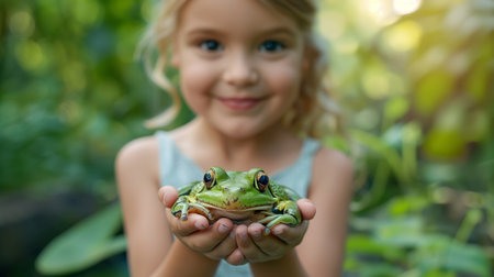 A joyful young girl holds a vibrant green frog, smiling broadly in a lush garden.の素材