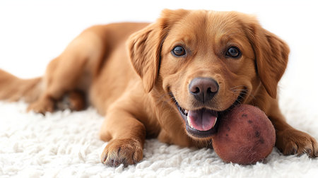 A joyful golden retriever lies comfortably on a fluffy white rug, playfully holding a worn toy.の素材