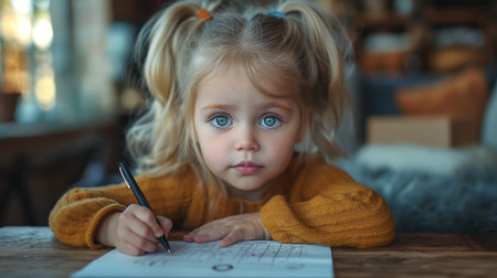 A little girl with bright blue eyes and pigtails intently writes in a notebook, her focus and curiosity evident.の素材