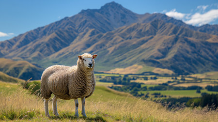 A lone sheep stands in a scenic landscape with rolling hills and majestic mountains under a clear blue skyの素材