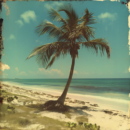 A lone palm tree stands on a sandy beach against a backdrop of clear blue skies and distant waves.の素材