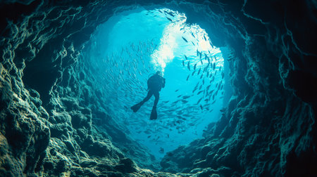 A lone diver explores the serene blue depths of a vast underwater cave surrounded by a school of fish.の素材