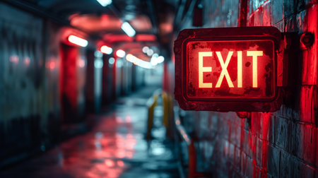 A luminous red exit sign illuminates a moody, shadowy industrial corridor, casting eerie reflections on the wet, grungy walls.の素材