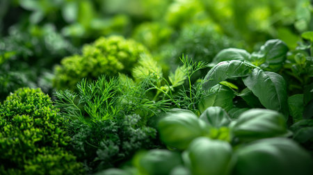 A lush display of various fresh herbs, from bright green basil to feathery dill, offers a burst of natural flavor and aroma.の素材