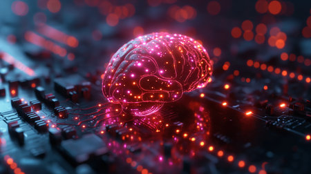 A luminescent brain illuminates atop a circuit board, symbolizing the intersection of intelligence and technology.の素材