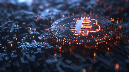 A luminescent Bitcoin symbol emerges from a digital sea, casting an orange glow over an intricate network of electronic circuits.の素材