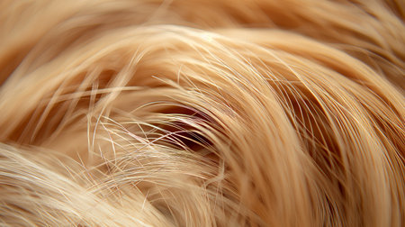 A macro shot revealing the intricate texture of golden hair, weaving a tapestry of delicate strands.の素材