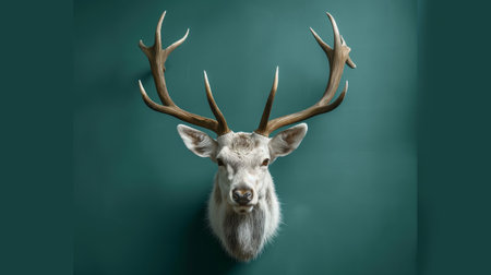 A majestic deer head with sprawling antlers isolated against a deep green backdrop.の素材