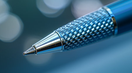 A magnified view of a ballpoint pen reveals intricate details and a metallic sheen against a blurred blue background.の素材