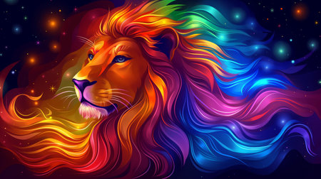 A majestic lion rendered in a kaleidoscope of vibrant colors against a starry night, exuding cosmic elegance.の素材