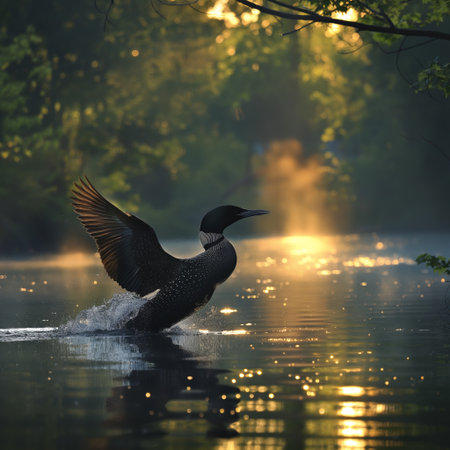 A majestic loon spreads its wings wide, splashing as it takes flight from a misty lake at sunrise.の素材