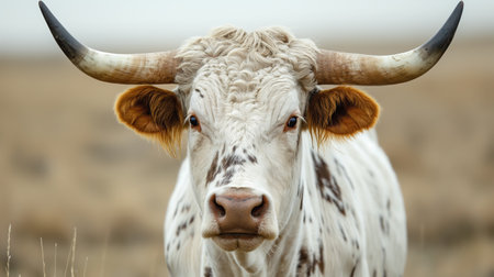 A majestic longhorn cow stands stoically on the grassland, its impressive horns defining its rugged grace.の素材