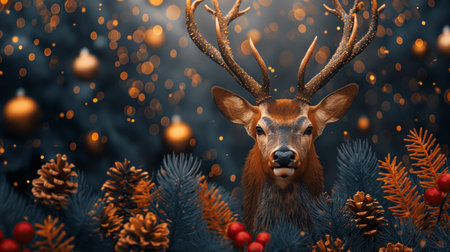 A majestic reindeer with shimmering golden antlers stands proudly among snow-dusted pines and festive ornaments.の素材