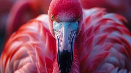 A majestic flamingo gazes intently, enveloped by a cascade of vibrant pink feathers, highlighting its regal and exotic presence.の素材
