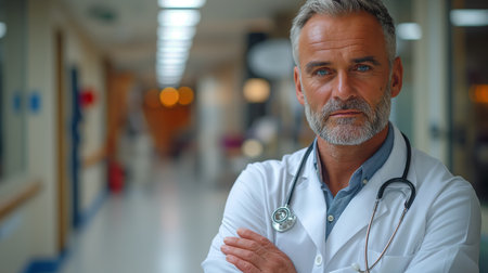 A mature doctor stands confidently in a hospital corridor, exuding experience and wisdom with a calm, reassuring presence.の素材