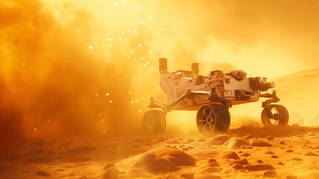 A Mars rover explores the alien landscape under the harsh glow of a Martian dust storm, pushing the boundaries of space exploration and human curiosity.の素材