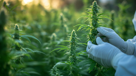 A mature cannabis plant held by a person in gloves, highlighting the dense buds and lush leaves in a natural setting.の素材