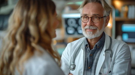A mature male doctor with a friendly smile talks to a female colleague in a modern clinic.の素材