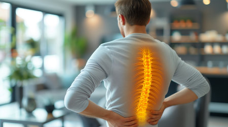 A man grimaces in pain, his spine highlighted in radiant yellow, symbolizing intense lower back pain.の素材