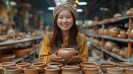 A joyful potter proudly displays a freshly crafted pot amidst a workshop filled with earthen creations.の素材