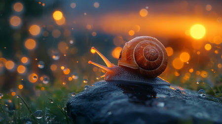 A lone snail illuminated by twilight glows against a backdrop of glistening raindrops, embodying a quiet resilience.の素材
