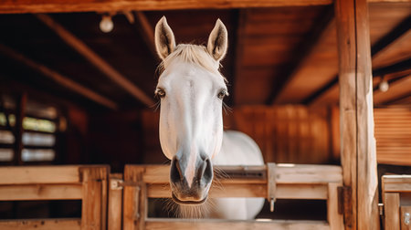 A majestic white horse gazes curiously from its stability, exuding grace and serenity.の素材