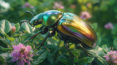 A metallic beetle gleams with iridescent colors on a lush green leaf, creating a striking contrast in the natural world.の素材