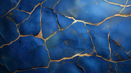 A mesmerizing symphony of golden cracks embraces the deep blue surface, revealing beauty in brokenness and the eleganceの素材
