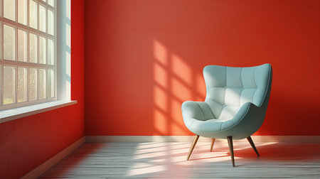 A minimalist room with a stylish blue armchair bathed in sunlight from a large window.の素材