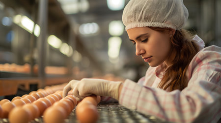 A meticulous worker inspects eggs with precision on a bustling production line.の素材