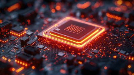 A microchip glows with a fiery red light, symbolizing the power and speed of modern technology.の素材
