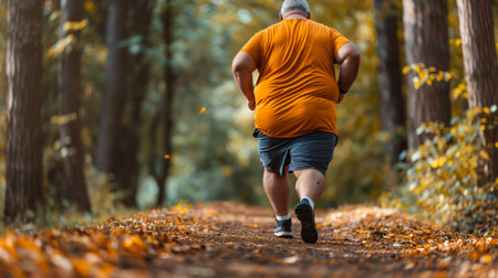 A middle-aged, overweight man in an orange shirt jogs determinedly down a forest trail strewn with autumn leaves.の素材
